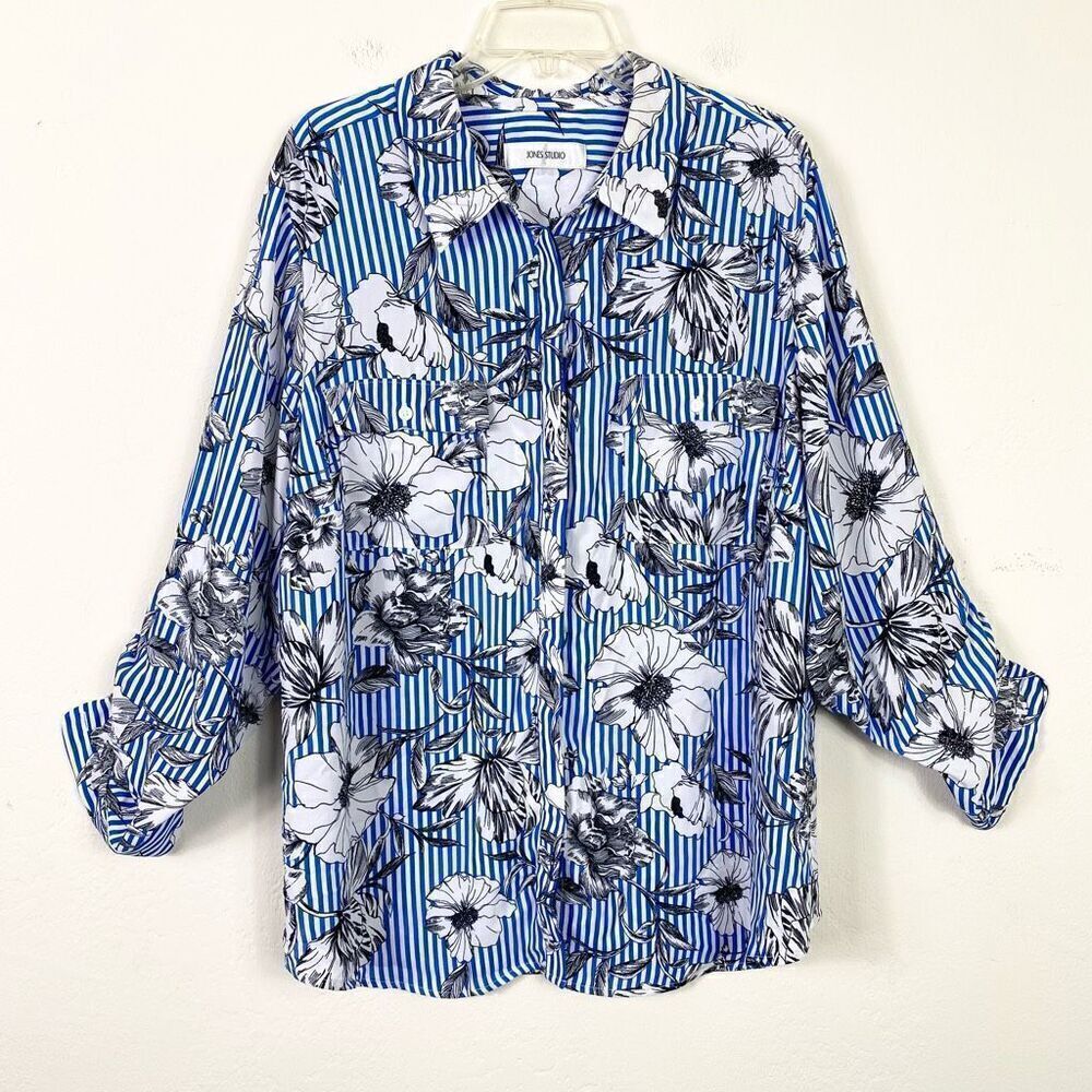 Jones Studio Blue & White Striped Floral Long Sleeve Button Up Blouse Size 2X